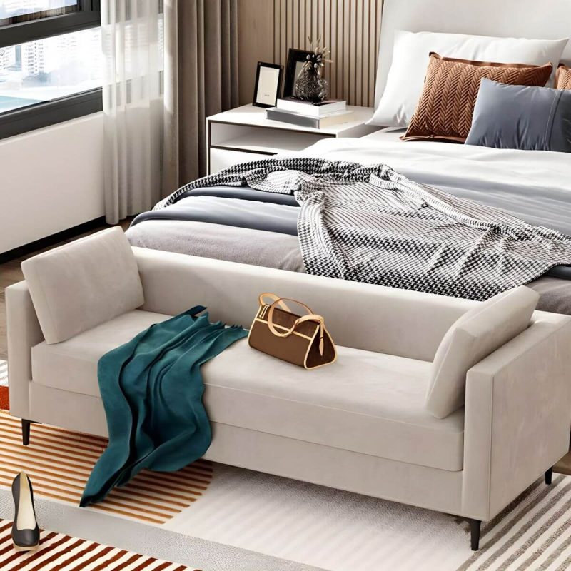 "With Arms White Upholstered Modern Bedroom Bench with Short Height and Back - 67"L x 20"W x 20"H"
