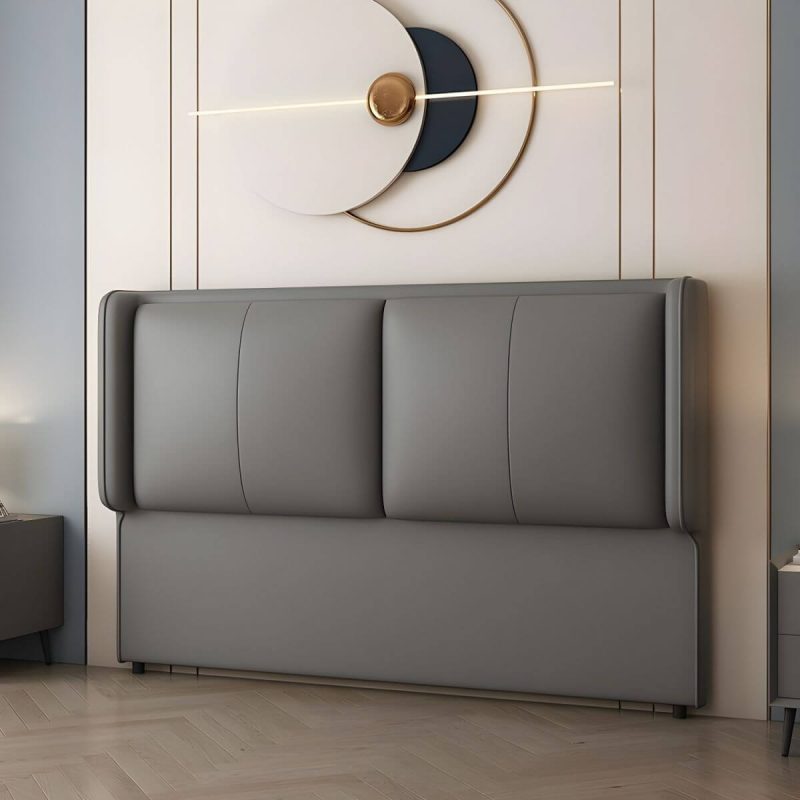"Modern Upholstered Pine Wingback Headboard with Leather Upholstery and Wood Legs - Dark Gray 71""