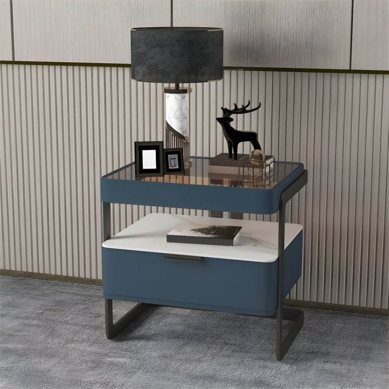 "Modern Wood Nightstand with Glass Countertop and Open Storage - Blue 48 x 40 x 51 cm 1 Piece"