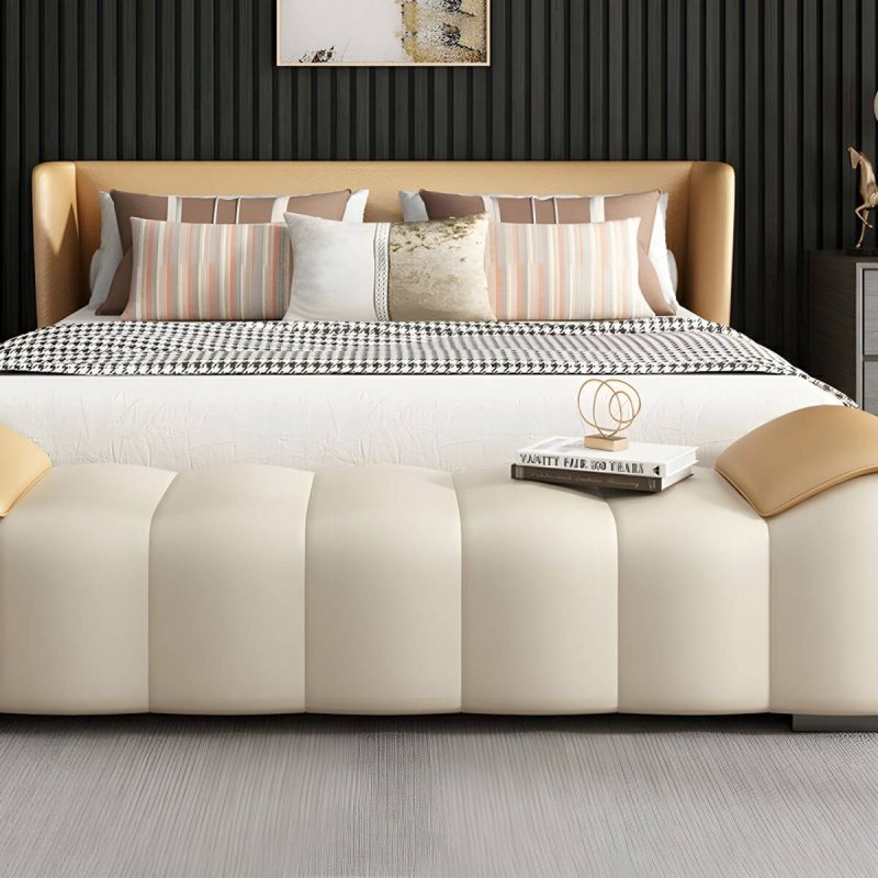 "Genuine Leather Scandinavian Long Upholstered Bedroom Bench without Storage, Arms Included - 59"L x 20"W x 20"H Dark Grey/ Light Grey"