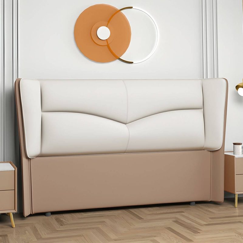 "Modern Rectangular Wingback Headboard Bed with Leather Upholstery and Solid Wood Frame - White-Brown 71""