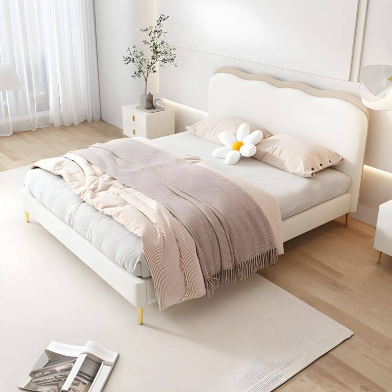 "Beige Upholstered Modern Headboard with Rectangular Shape and Wood Legs - 53""