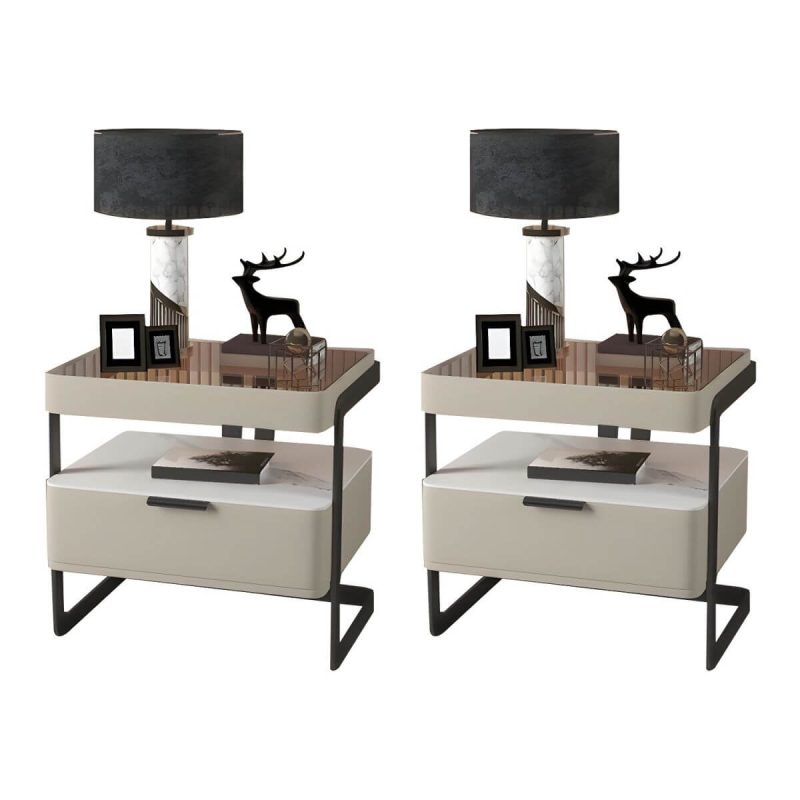 "Modern Wood Nightstand with Glass Countertop and Open Storage - Light Gray 40 x 40 x 51 cm 2 Piece Set"
