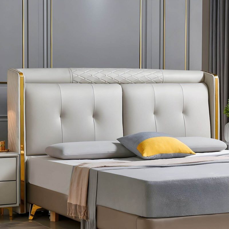"Elegant Wingback Upholstered Headboard with Wood Legs - Modern Design - Light Gray 71""
