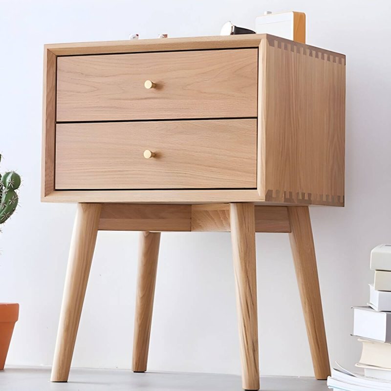 "Scandinavian Style Wood Nightstand with 2 Drawers in Oak Finish - 2 Piece Set Nut-Brown"