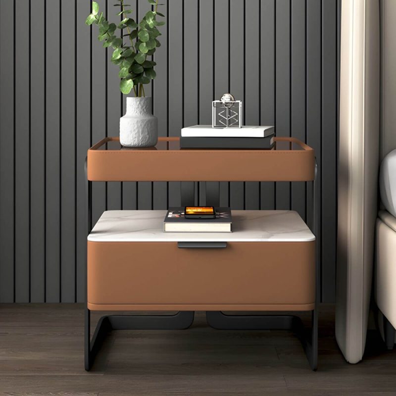 "Modern Wood Nightstand with Glass Countertop and Open Storage - Off-White 40 x 40 x 51 cm 2 Piece Set"