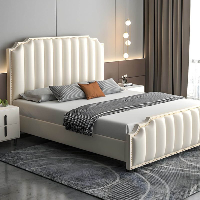 "Glam Stepped Pillow Back Bed Headboard Leather Solid Wood Water Proof - 47" Grey/ Coffee"