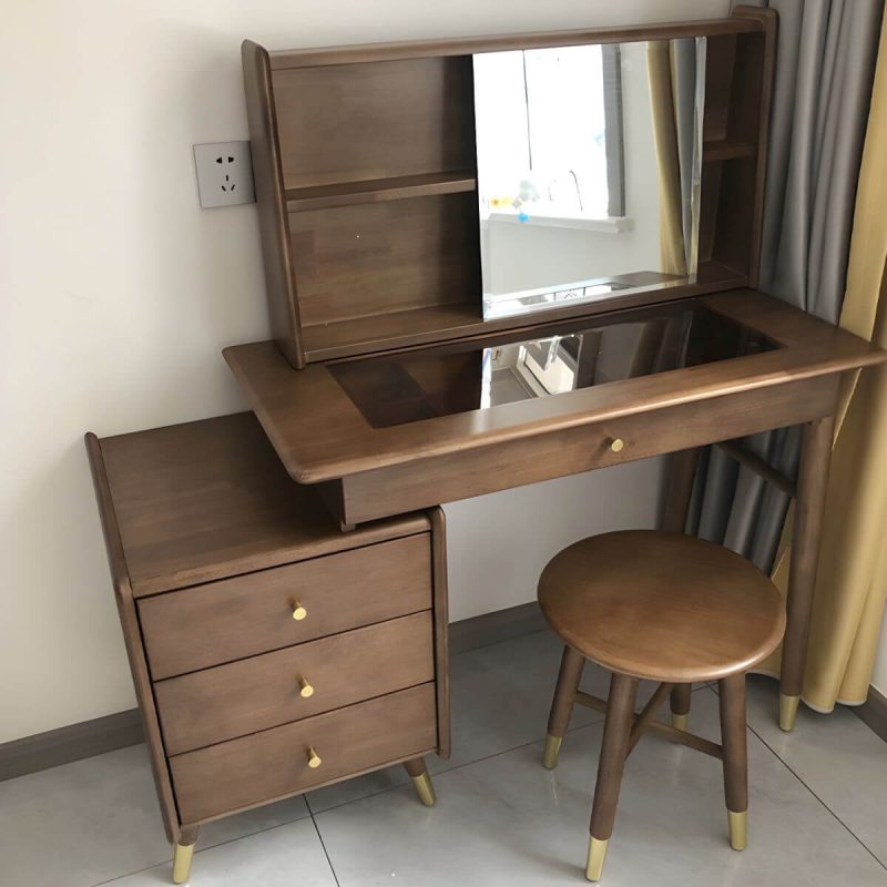 "Rectangle Shape Solid Wood Dressing Table Brown with Drawers and Stools - Makeup Vanity & Stools"
