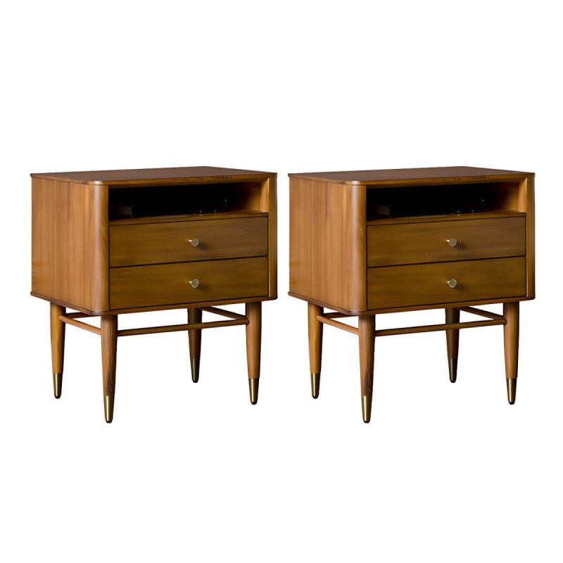 "Mid-Century Modern Wood Nightstand with Drawer Storage and 2 Drawers - 2 Piece Set Walnut"