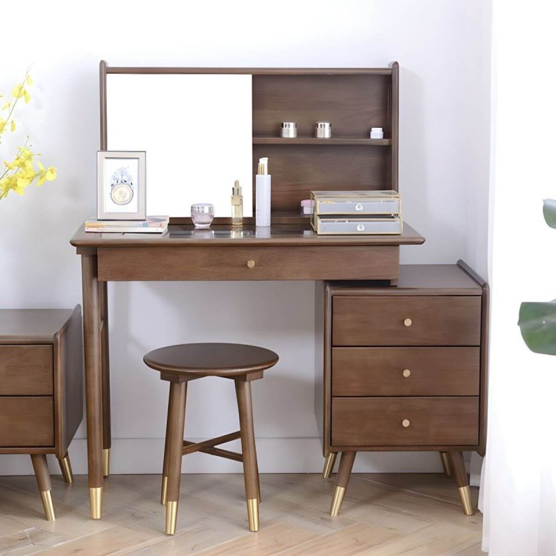 "Rectangle Shape Solid Wood Dressing Table Brown with Drawers and Stools - Makeup Vanity & Stools"