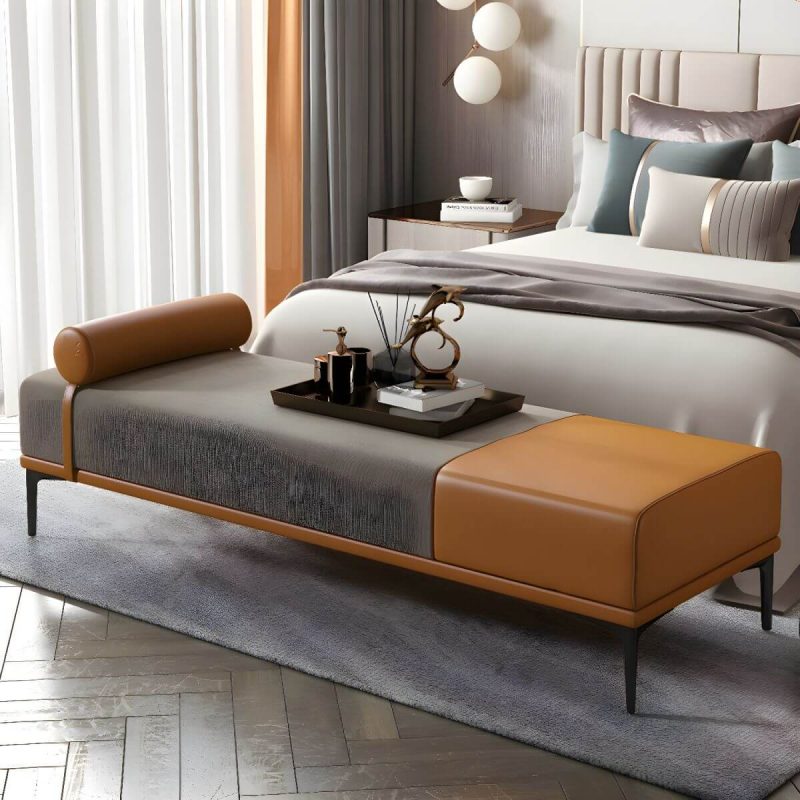 "Modern Fabric and Leather Seating Bench with One Side Arm for Bedroom - Light Coffee"