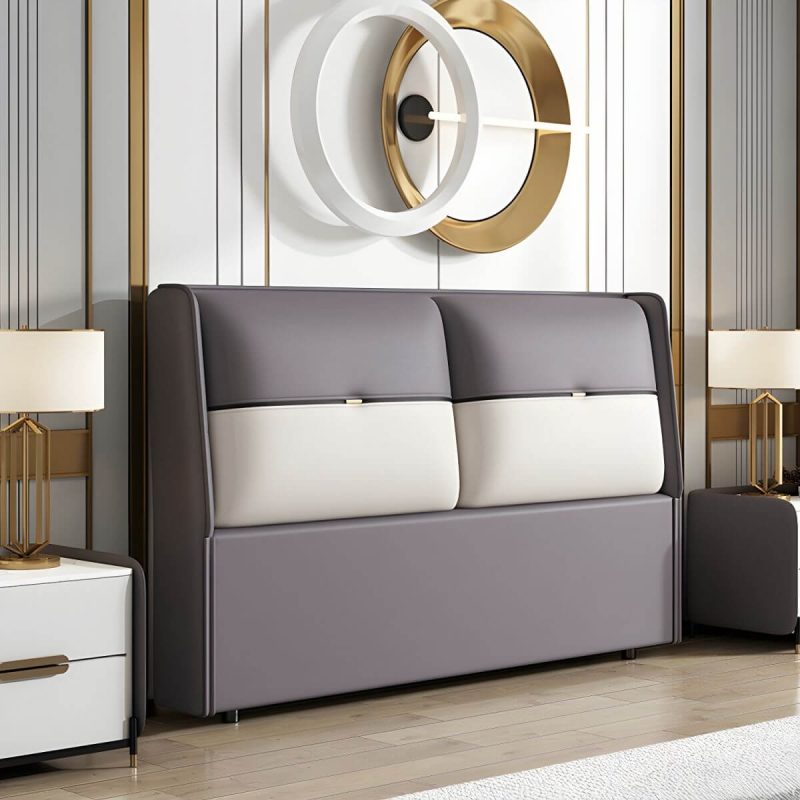 "Modern Upholstered Wingback Headboard in Leather with Wood Legs for Stylish Comfort - Light Blue 47""