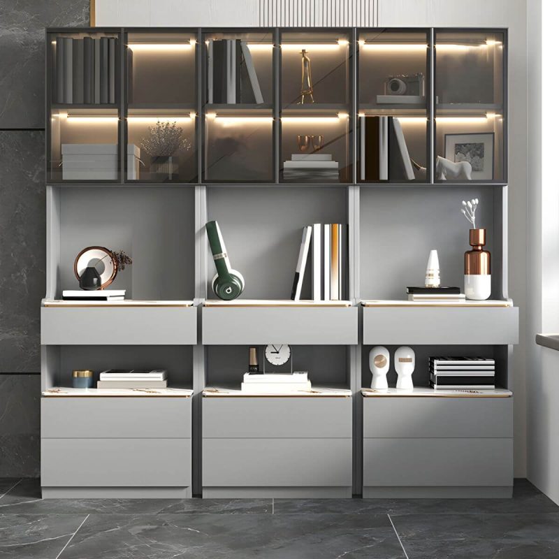"Modern Grey Wood Nightstand with 3 Drawers in Gray Wood Tone - Without Light 1 Piece With Backboard 40 x 40 x 180 cm"