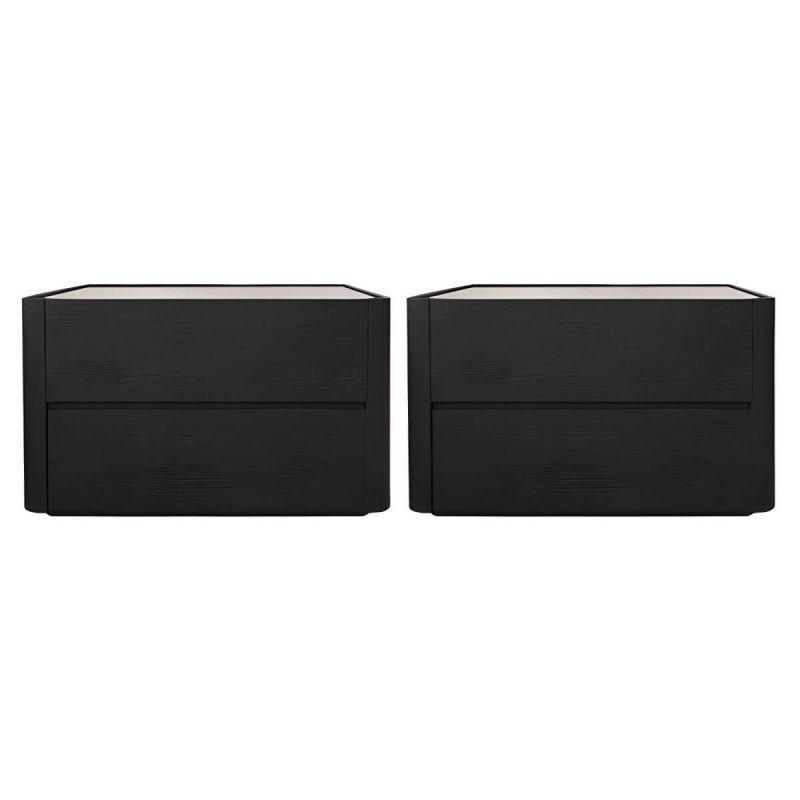"Modern Black Wood Nightstand with 2 Drawers and Small Height - 2 Piece Set"