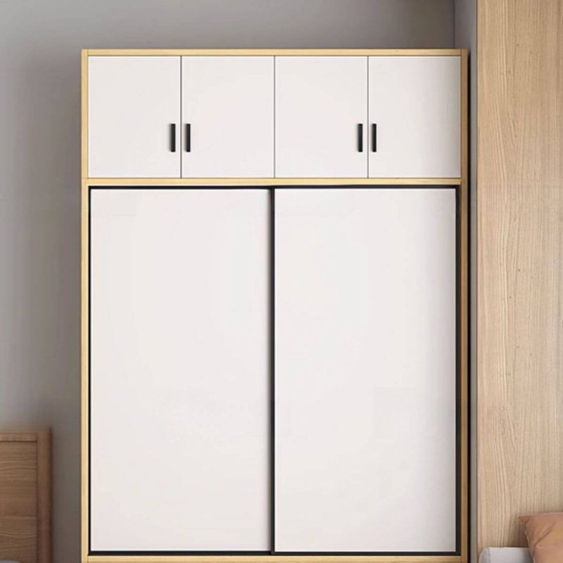 "Natural Finish Art Deco Composite Wood Wardrobe Armoire with Soft Close Door, Interior Shelves, and Clothing Rod, Double Sided Doors, 47.2"L x 15.7"W x 82.7"H"