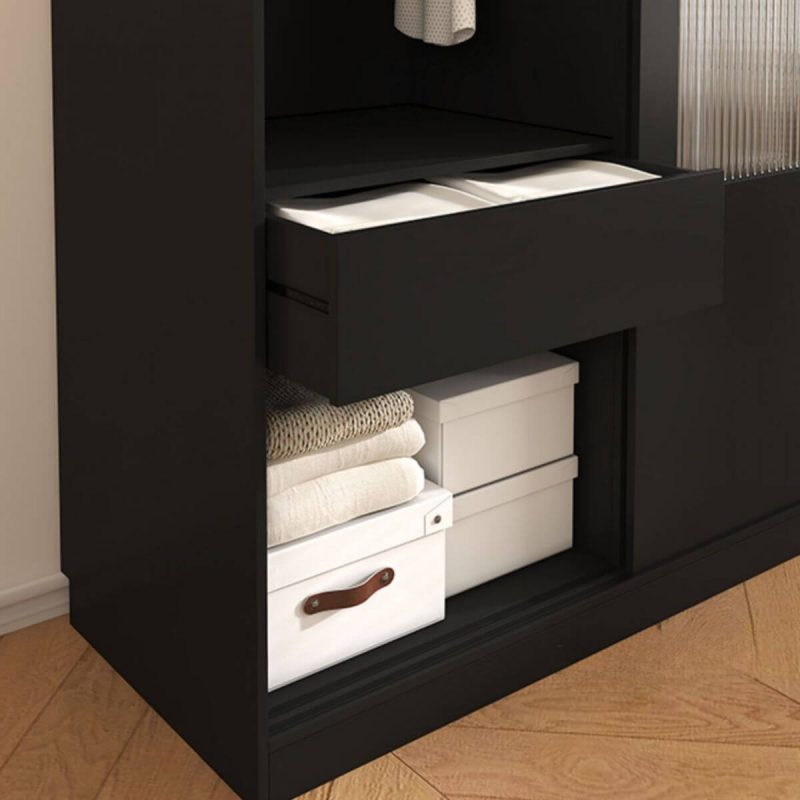 "Contemporary Self-supporting Wardrobe Armoire with Soft Close Features, Manufactured Wood, Interior Shelves, and Hanging Rod, Walnut, 47"L x 26"W x 85"H"