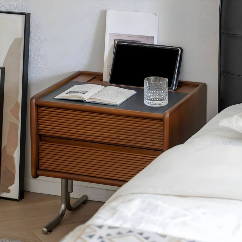 "Elegant Brown Wood Nightstand with Drawer Storage and Stone Countertop - 2 Piece Set"