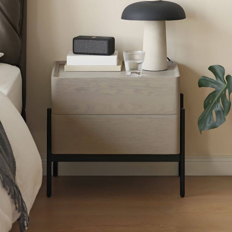 "Modern Grey Oak Wood Nightstand with Spacious Drawer Storage - 2 Piece Set"
