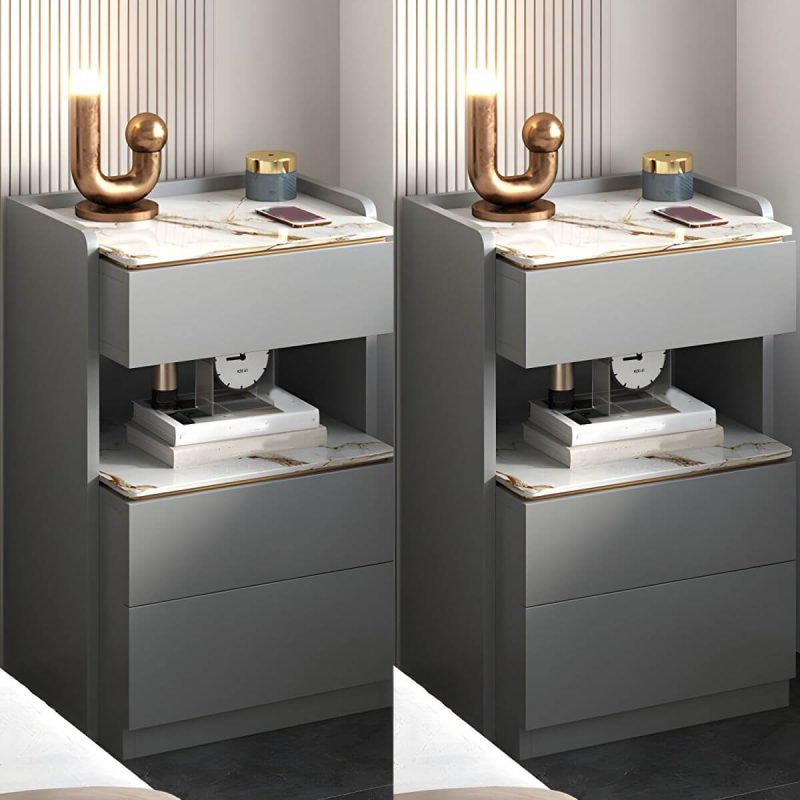 "Modern Grey Wood Nightstand with 3 Drawers in Gray Wood Tone - Without Light 2 Piece Set With Backboard 50 x 40 x 72 cm"