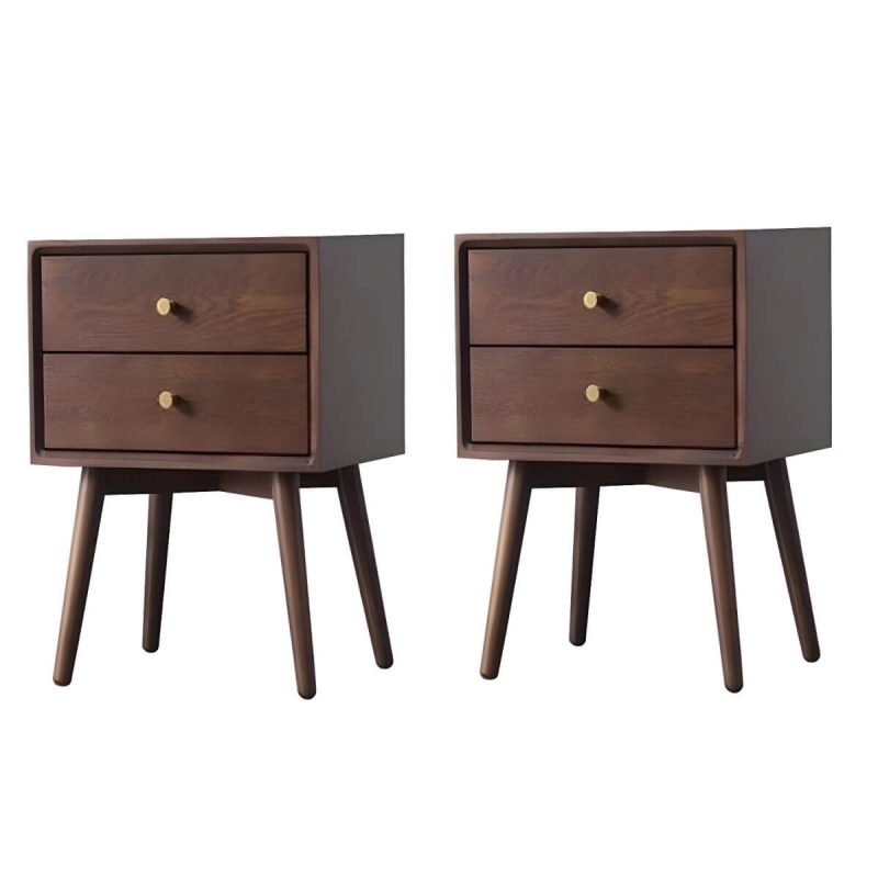 "Scandinavian Style Wood Nightstand with 2 Drawers in Oak Finish - 2 Piece Set Nut-Brown"