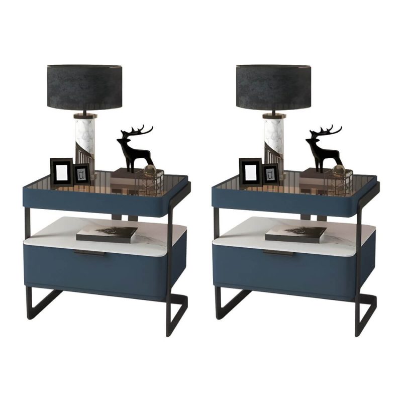 "Modern Wood Nightstand with Glass Countertop and Open Storage - Blue 40 x 40 x 51 cm 2 Piece Set"