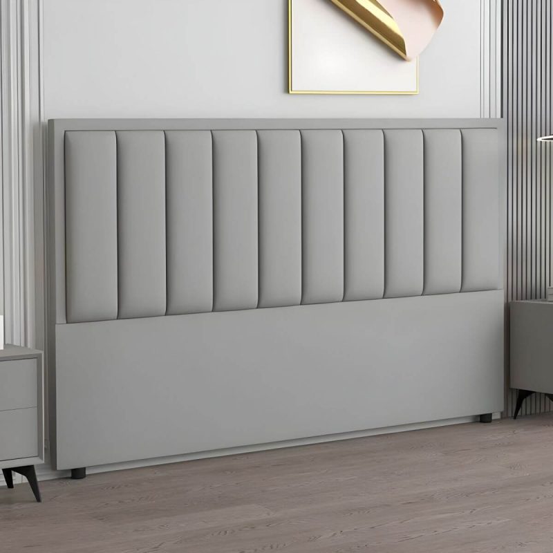 "Modern Upholstered Pine Headboard with Leather Upholstery and Wood Legs - Standard Height - Light Gray 47""