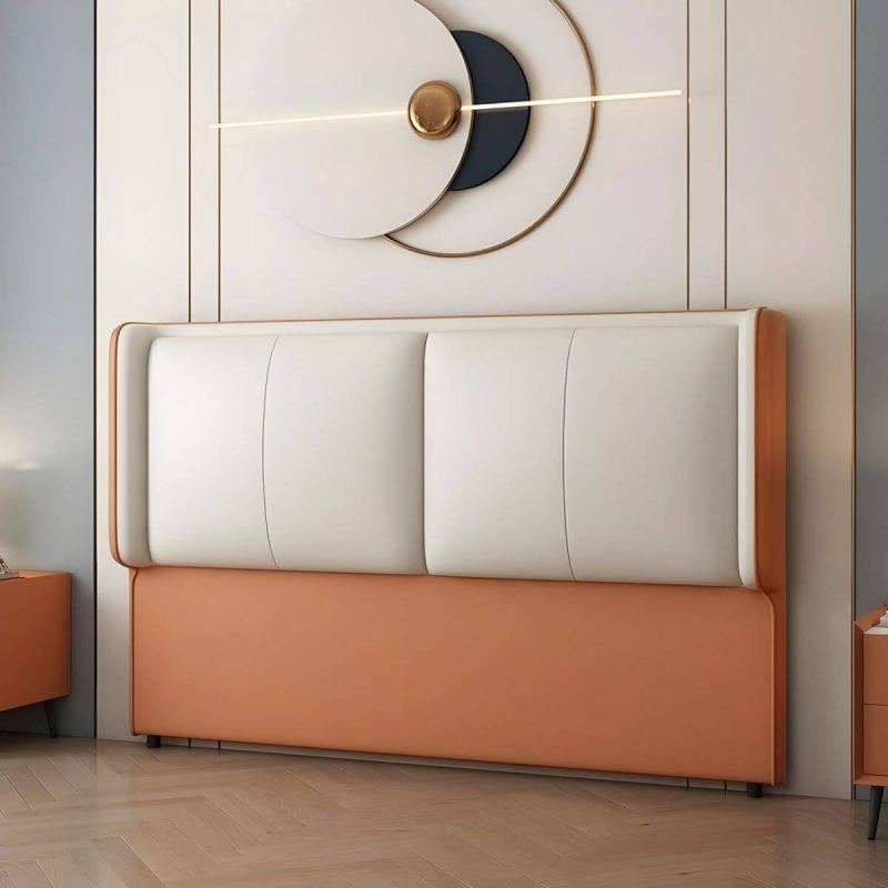 "Modern Upholstered Pine Wingback Headboard with Leather Upholstery and Wood Legs - Off-White-Orange 59""