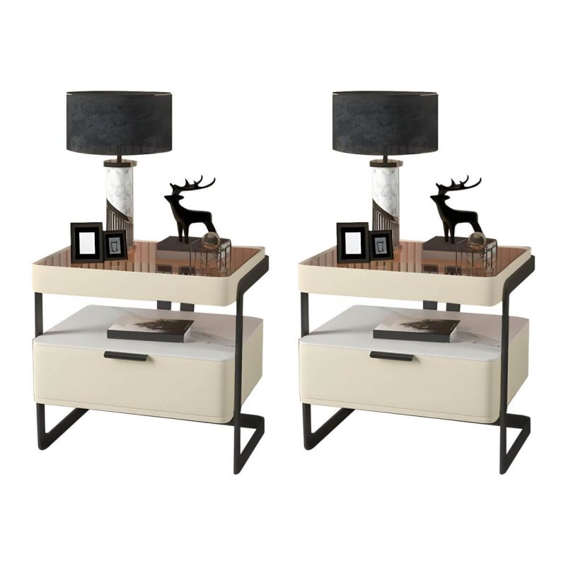 "Modern Wood Nightstand with Glass Countertop and Open Storage - Off-White 40 x 40 x 51 cm 2 Piece Set"