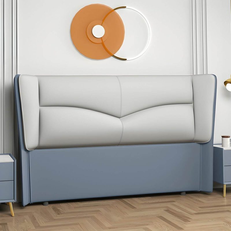 "Modern Rectangular Wingback Headboard Bed with Leather Upholstery and Solid Wood Frame - Grey/Blue 59""