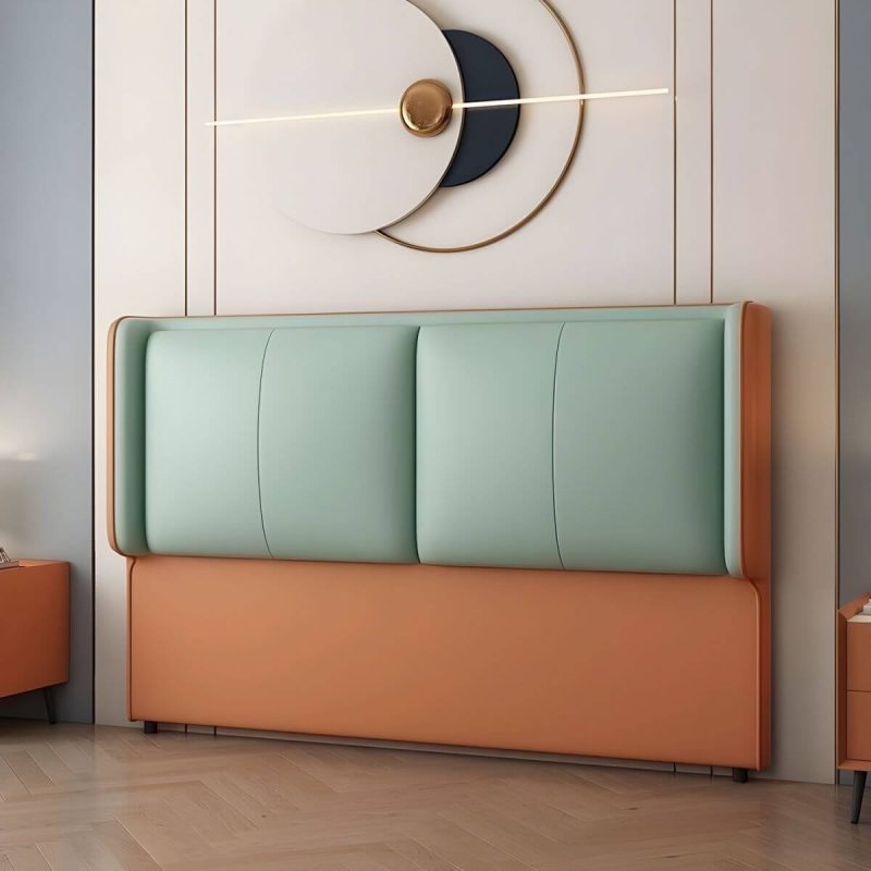 "Modern Upholstered Pine Wingback Headboard with Leather Upholstery and Wood Legs - Green/ Orange 59""