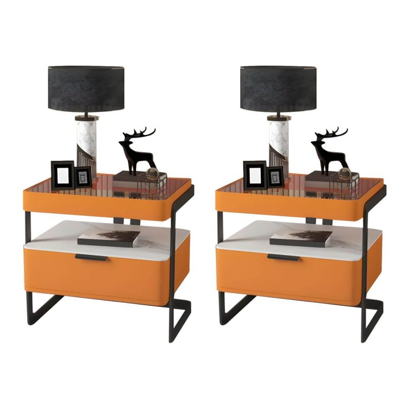 "Modern Wood Nightstand with Glass Countertop and Open Storage - Orange 40 x 40 x 51 cm 2 Piece Set"