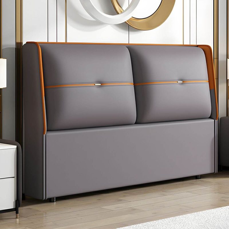 "Modern Upholstered Wingback Headboard in Leather with Wood Legs for Stylish Comfort - Dark Gray/ Orange 47""