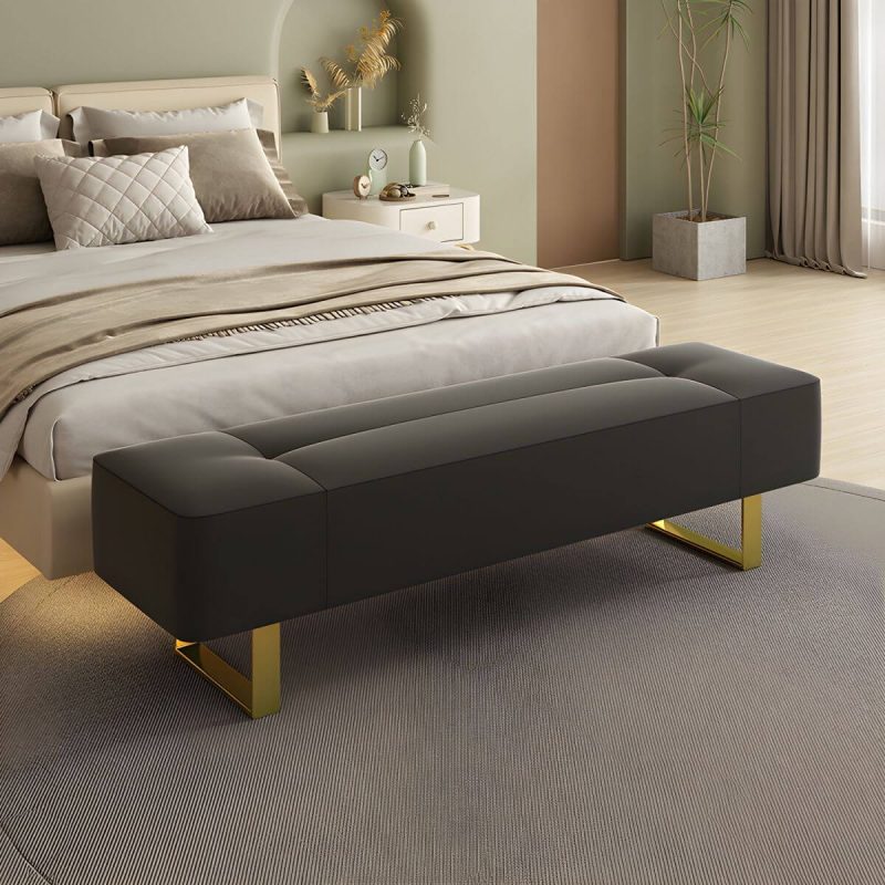 "Armless Backless Modern Solid Color Bedroom Bench Upholstered in Hardwearing Sponge with Metal Legs - 59"L x 19.5"W x 17"H Black"