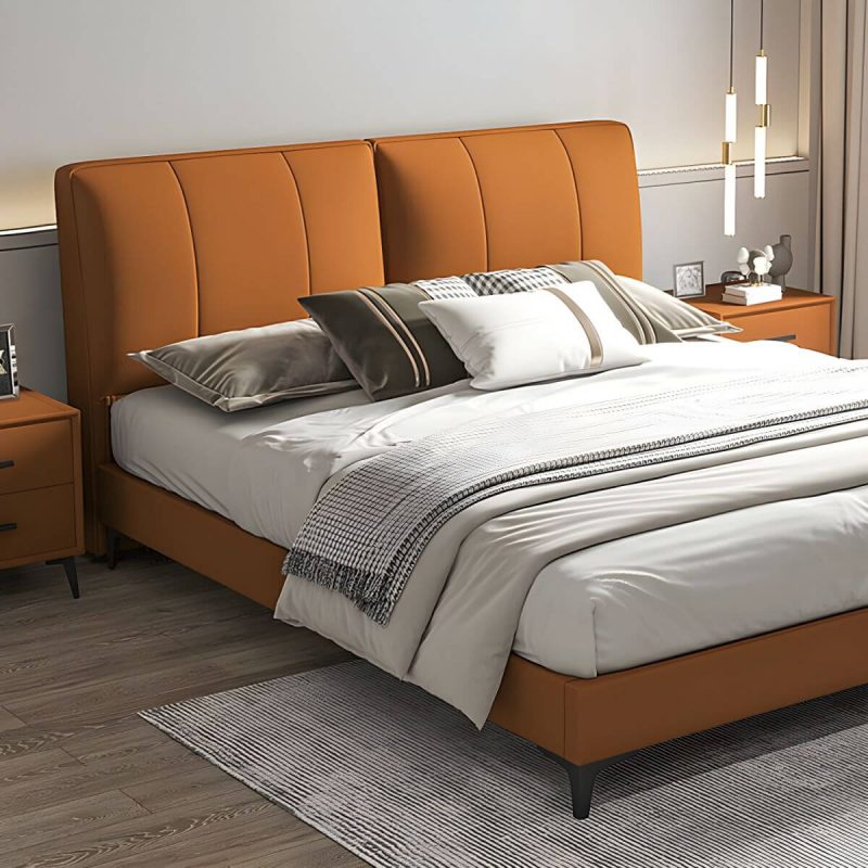 "Light Wood Upholstered Panel Modern Headboard with Orange Leather Upholstery and Solid Wood Legs - 59""
