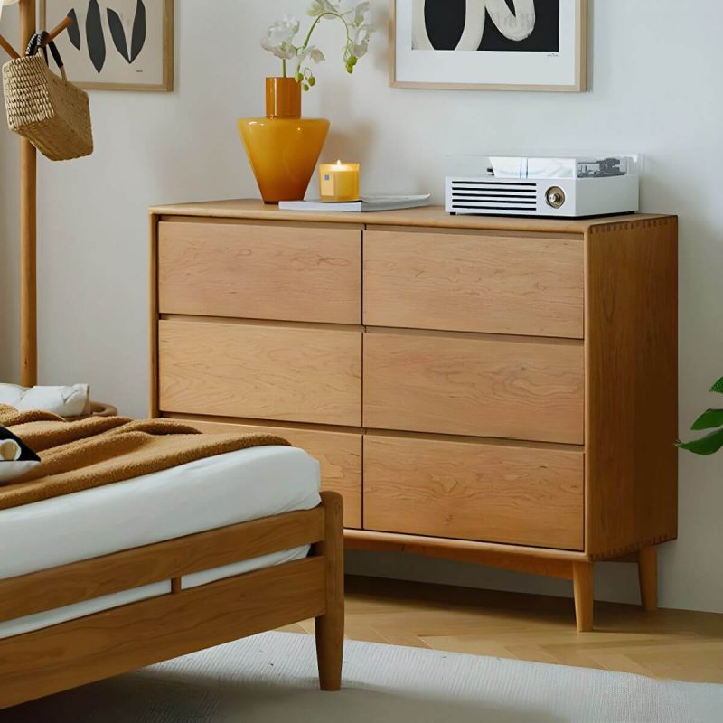 "Cherry Wood Horizontal Chest Modern Brown 6 Drawers Included for Home - Natural Finish"