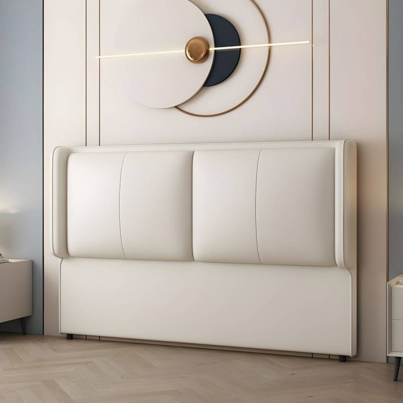 "Modern Upholstered Pine Wingback Headboard with Leather Upholstery and Wood Legs - Off-White 47""