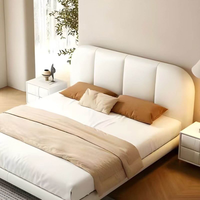 "Panel Leather Modern Wood and Upholstered Bed Frame with Headboard - 47""