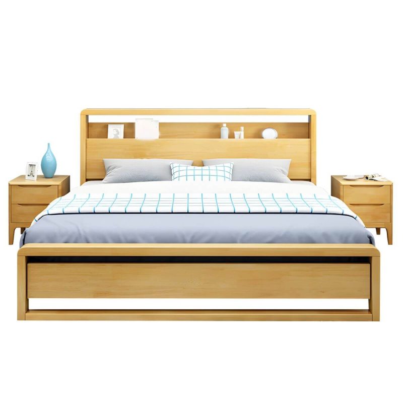 "Contemporary Standard Bed with Shelves and Rectangle Headboard - Walnut Queen"