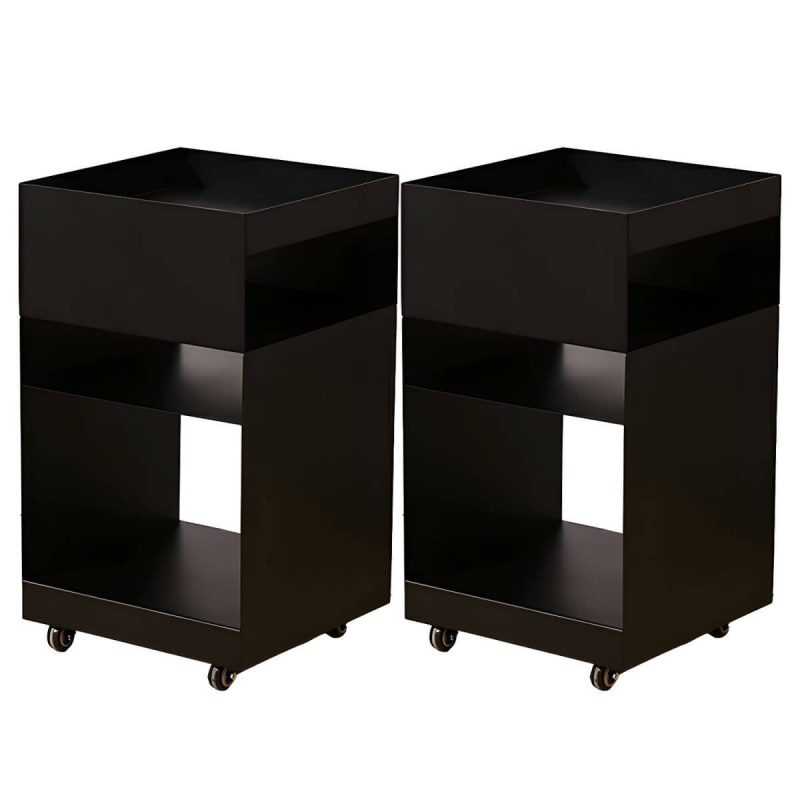 "Modern Metal Nightstand with Open Storage and 4 Shelves in Steel Decor - Black 2 Piece Set"