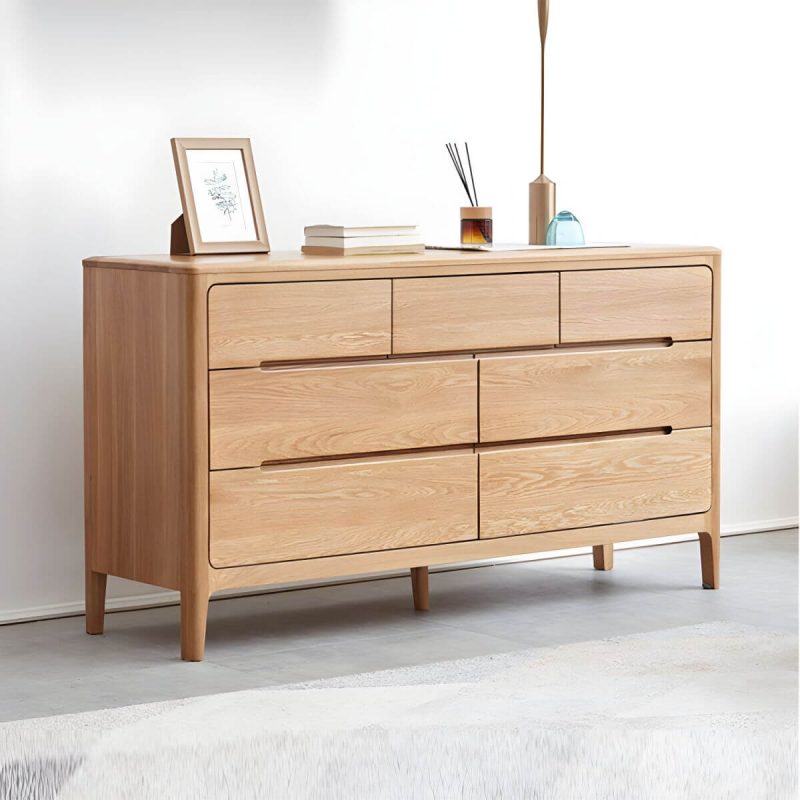 "Modern Wood Double Dresser with 7 Drawers in Standard Length and Low Height - Nut-Brown"