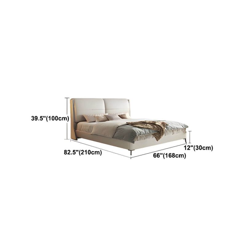 "Dimension of Modern Wood Panel Bed Beige Genuine Leather Standard Bed with Upholstered Headboard - Full Single Bed Unavailable"