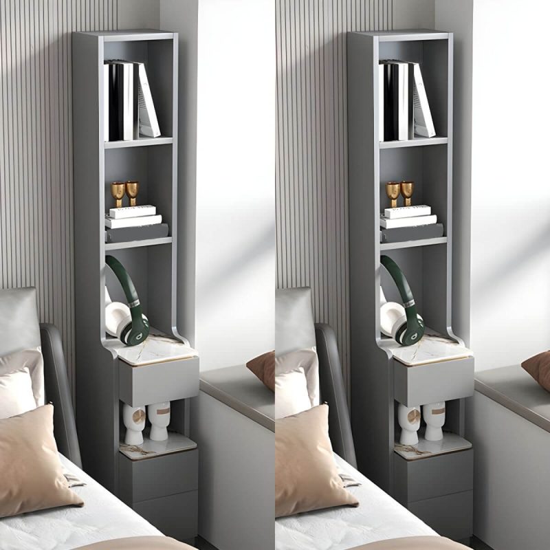 "Modern Grey Wood Nightstand with 3 Drawers in Gray Wood Tone - Without Light 2 Piece Set With Backboard 30 x 40 x 180 cm"