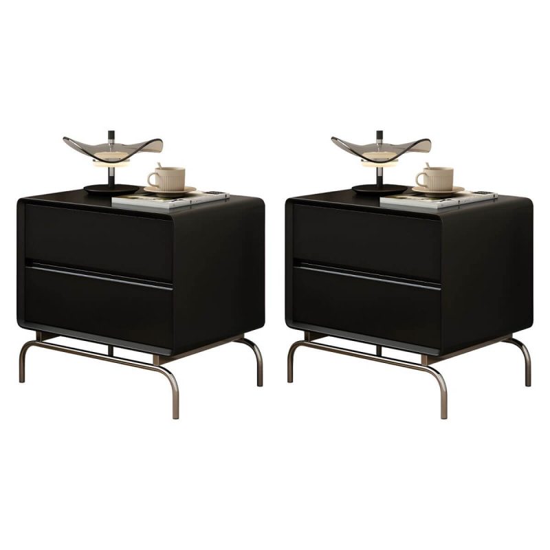 "Modern Black Wood Nightstand with Drawer Storage (2 Drawers) - Black 2 Piece Set"