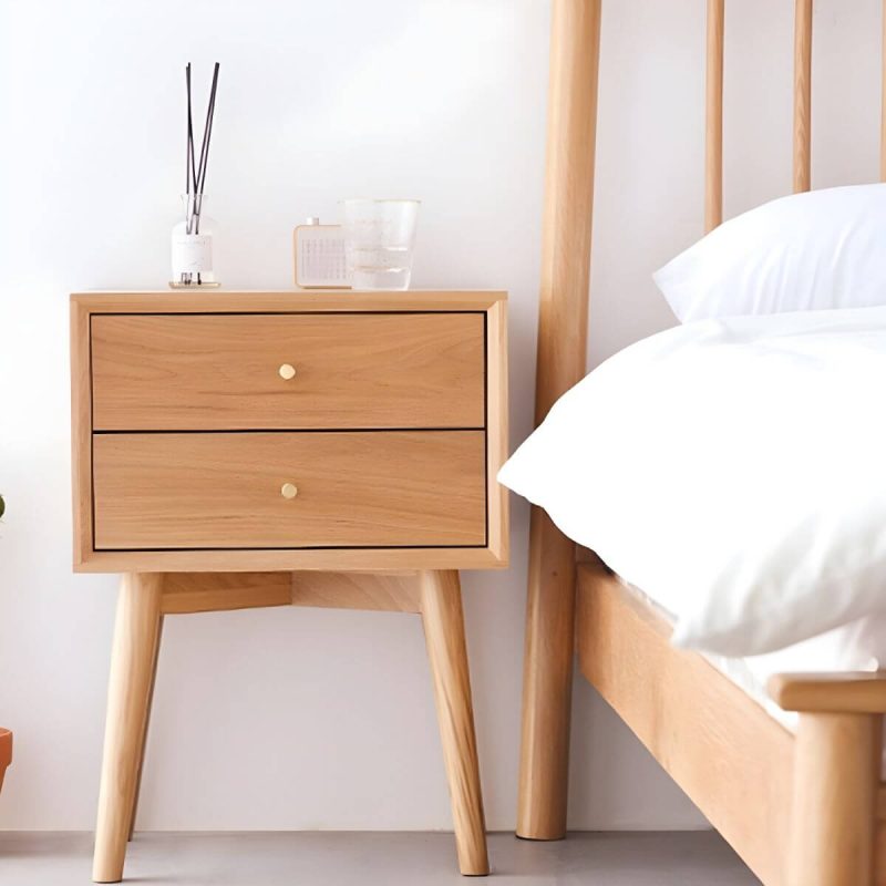"Scandinavian Style Wood Nightstand with 2 Drawers in Oak Finish - 1 Piece Natural Finish"