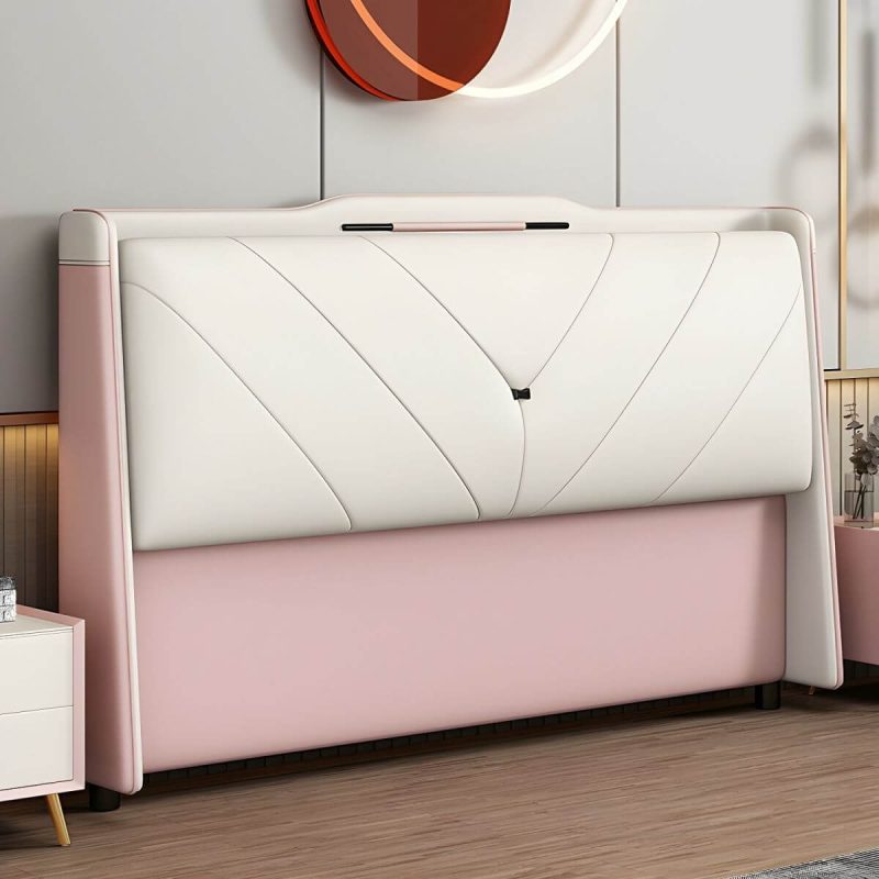 "Modern Upholstered Pine Headboard with Stepped Design and Wood Legs - Tech Cloth 71" Pink"