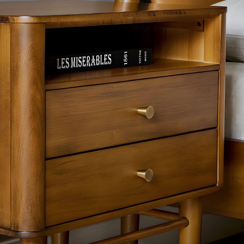 "Mid-Century Modern Wood Nightstand with Drawer Storage and 2 Drawers - 1 Piece Walnut"