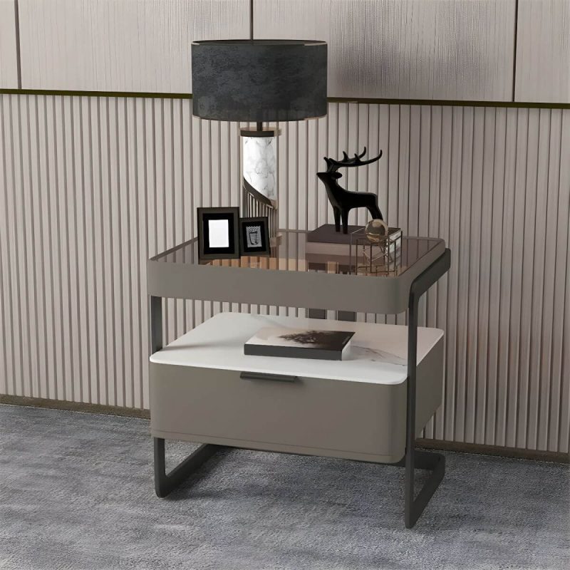 "Modern Wood Nightstand with Glass Countertop and Open Storage - Medium Grey 40 x 40 x 51 cm 1 Piece"