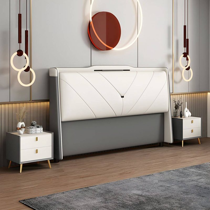 "Modern Upholstered Pine Headboard with Stepped Design and Wood Legs - Silicone Rubber 71" Dark Blue"