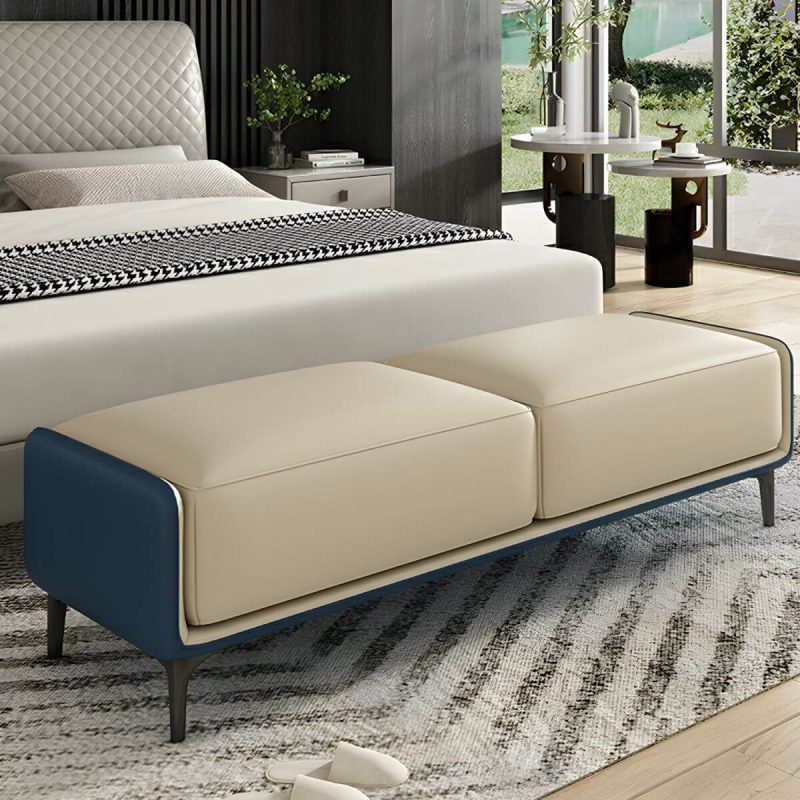 "Armless Backless Upholstered Bedroom Bench in Modern Wood Design Short - Oyster Grey/ Dark Blue 47"L x 20"W x 17"H"