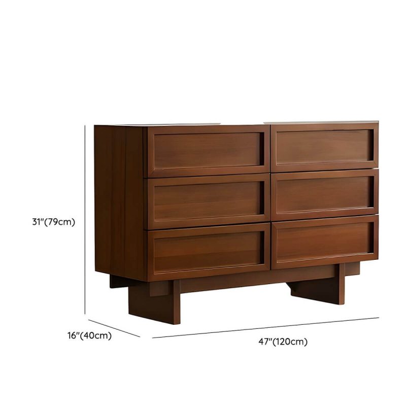 "Dimension of Traditional Natural Wood Hidden Handle Dressers with Six Drawers and Four Feet in Brown - 47"L x 16"W x 31"H"